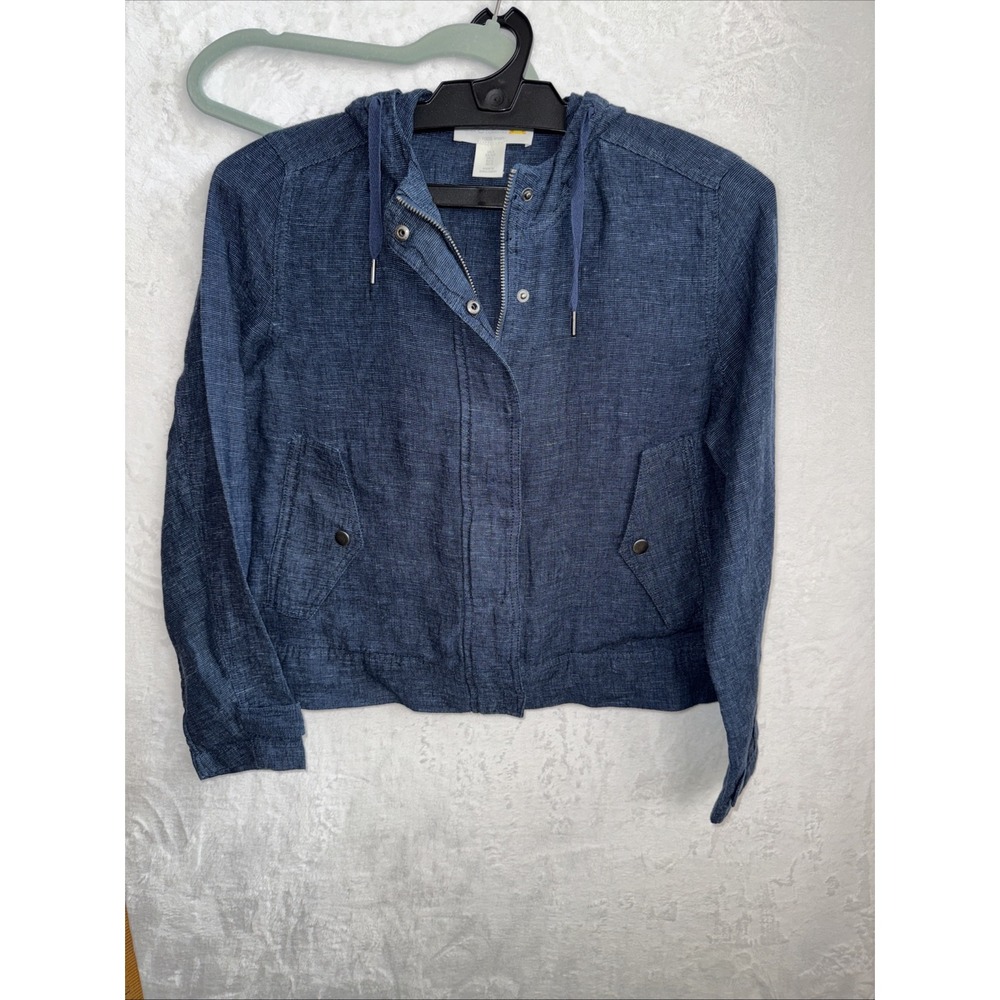 C & C California 100% Linen Jacket Women's S Blue Hooded Full Zipper Snaps